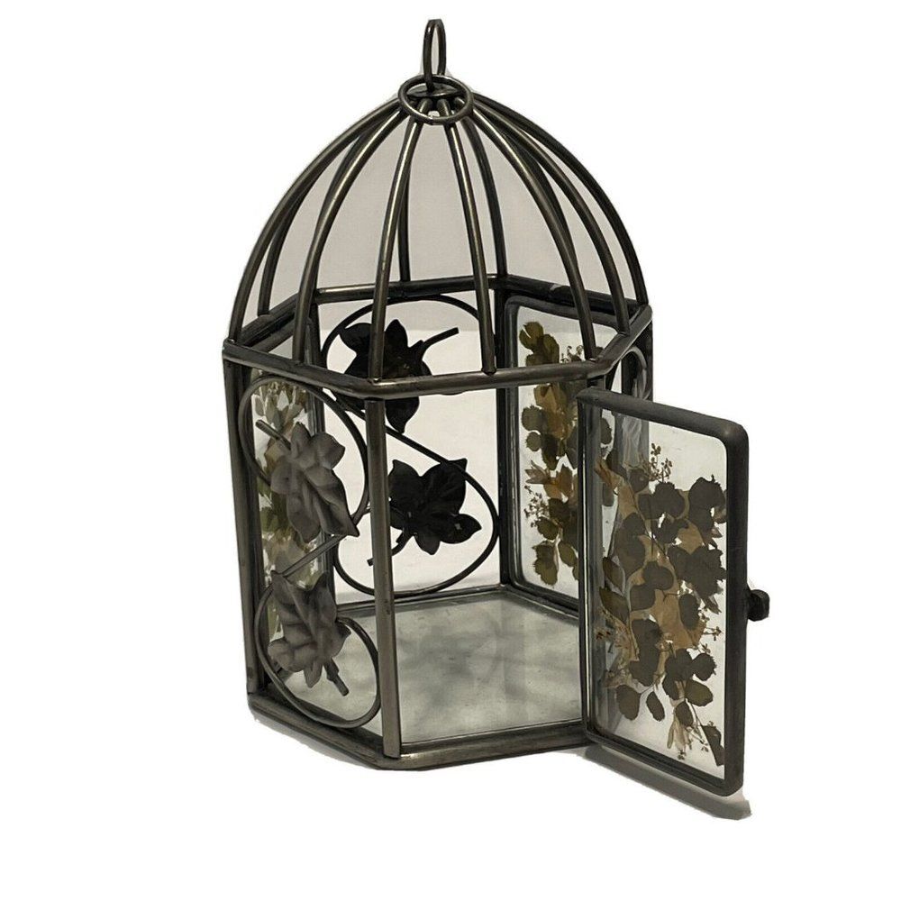 Vtg  Pressed Flower Birdcage Hanging Candle Holder Wall Hanging Ceiling Silver